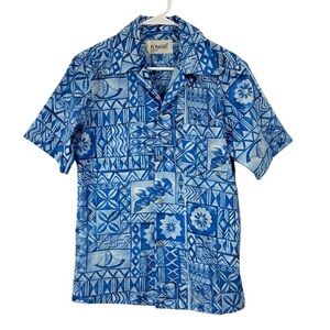 Vintage Pomare Size Small Hawaii Blue White Tiki Print Hawaiian Luau Shirt